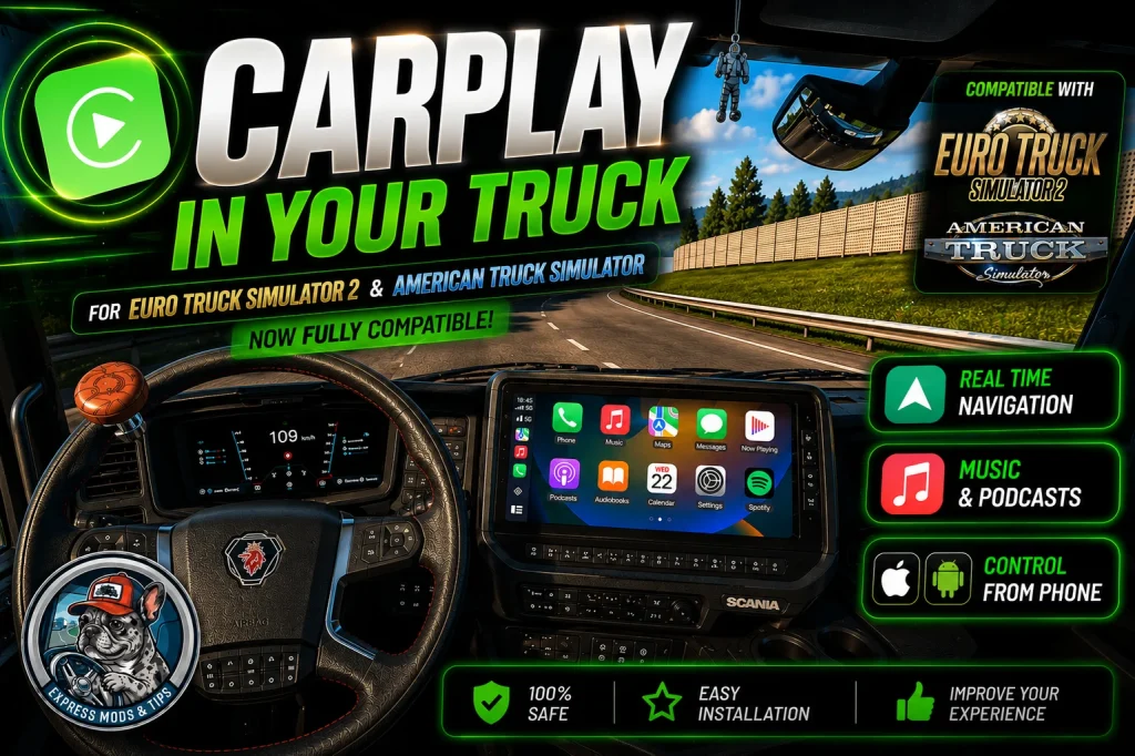 Real CarPlay Mod v1.2 – GPS, Spotify, YouTube & Phone Control | ETS2 + ATS 1.60