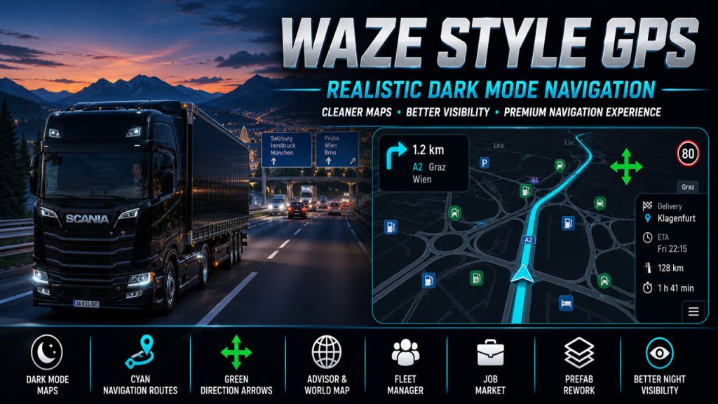 ETS2 Waze Style GPS Navigation Colors Realistic Dark Mode V2.6